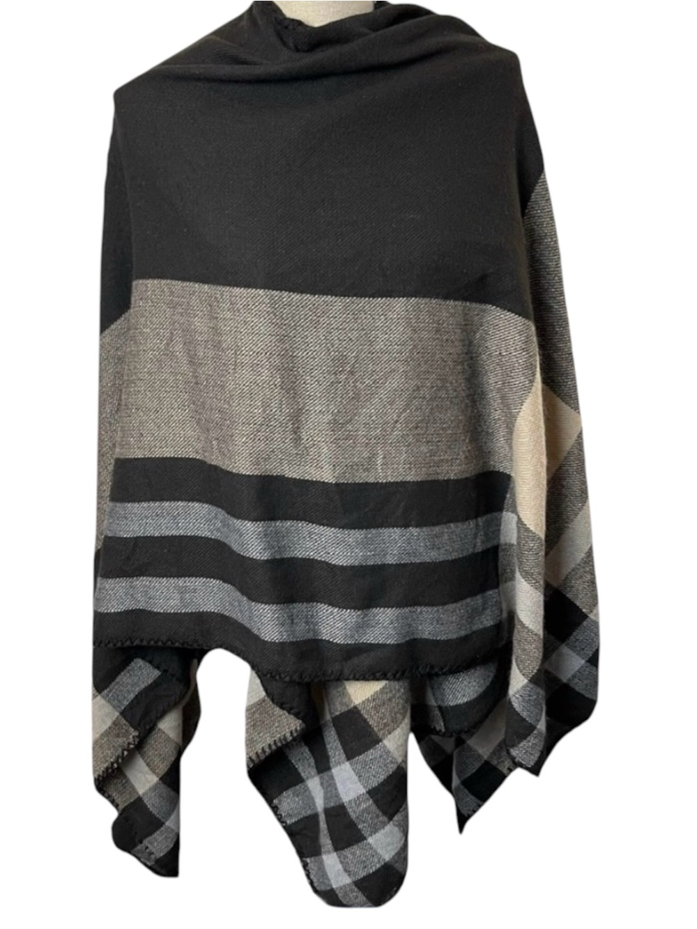 Just Cozy Black/Grey/Taupe Plaid Poncho Wrap Blanket Scarf (28"x58")